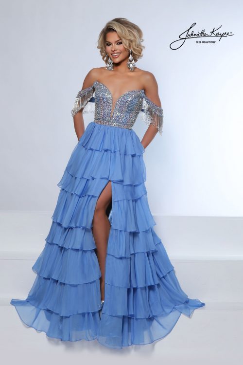Light blue perwinkle off-the-shoulder gown with crystal beaded bodice, fringe sleeves, and layered chiffon skirt - perfect for pageants, homecoming court, prom, or formal events.